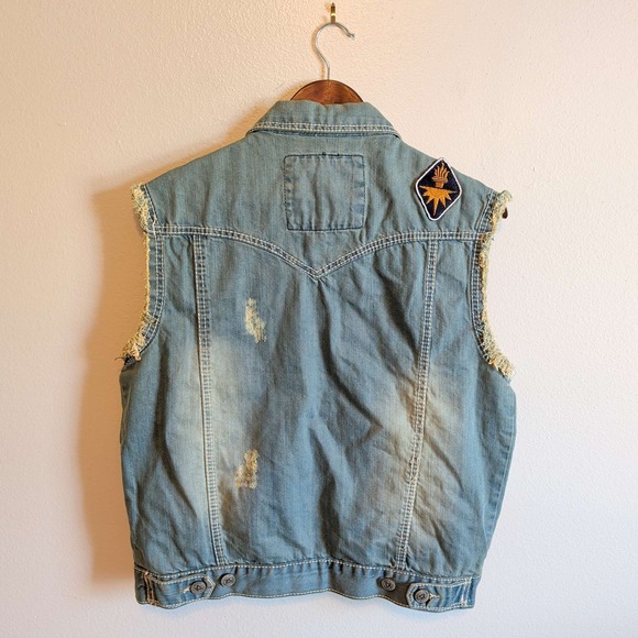 Smoke Rise Denim Vest Women Small Light Blue Distressed American Flag Patches - Picture 2 of 8